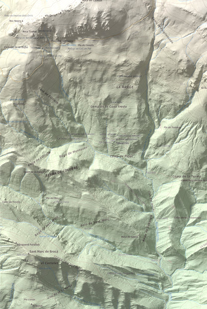 Mapa de relieve de Puigllançada, 2409 m, Berguedà, lámina 100 Cims de Trobart. Detalle de la zona inferior izquierda. 61 × 91 cm.