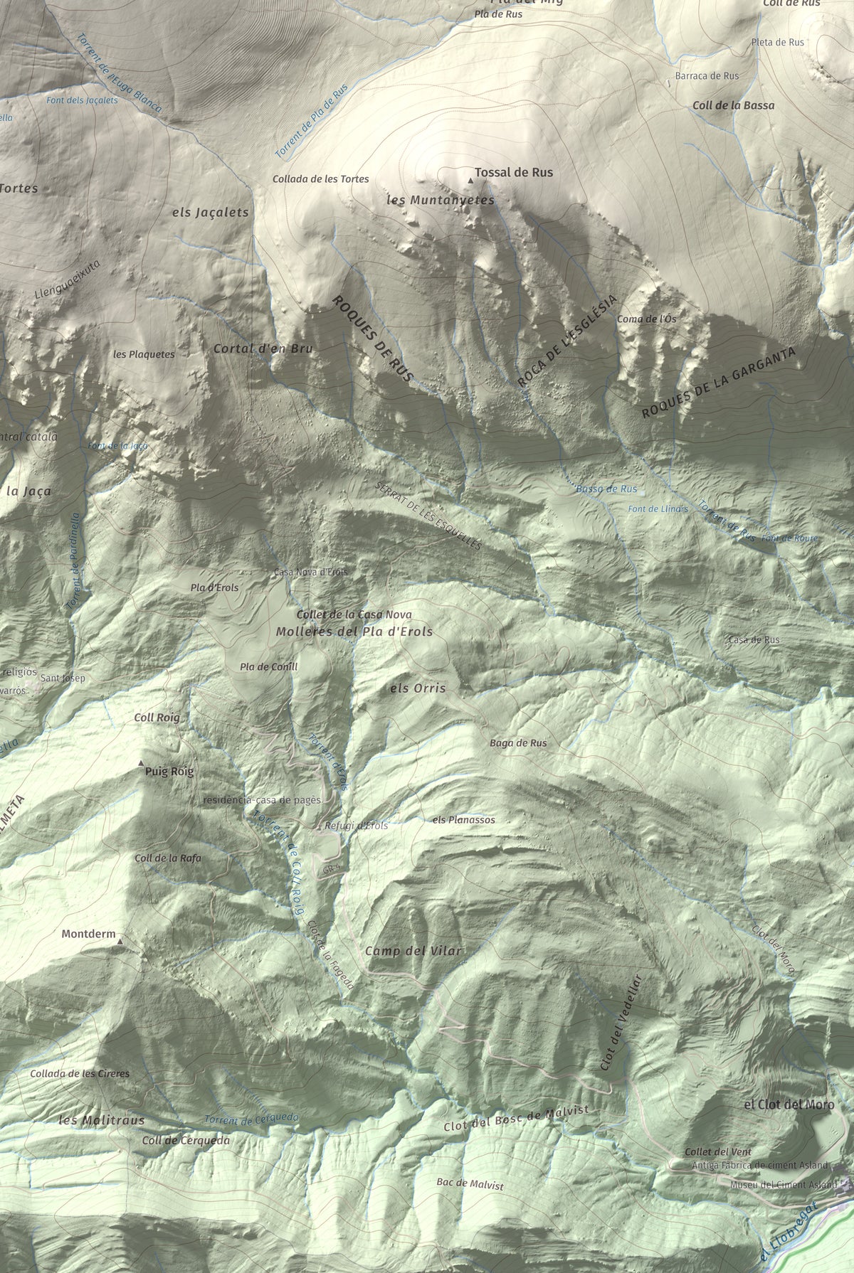 Mapa de relieve de Puigllançada, 2409 m, Berguedà, lámina 100 Cims de Trobart. Detalle de la zona inferior derecha. 61 × 91 cm.