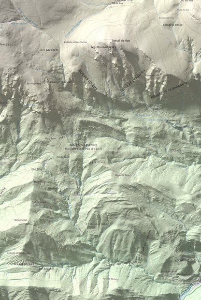 Mapa de relieve de Puigllançada, 2409 m, Berguedà, lámina 100 Cims de Trobart. Detalle de la zona inferior derecha. 61 × 91 cm.