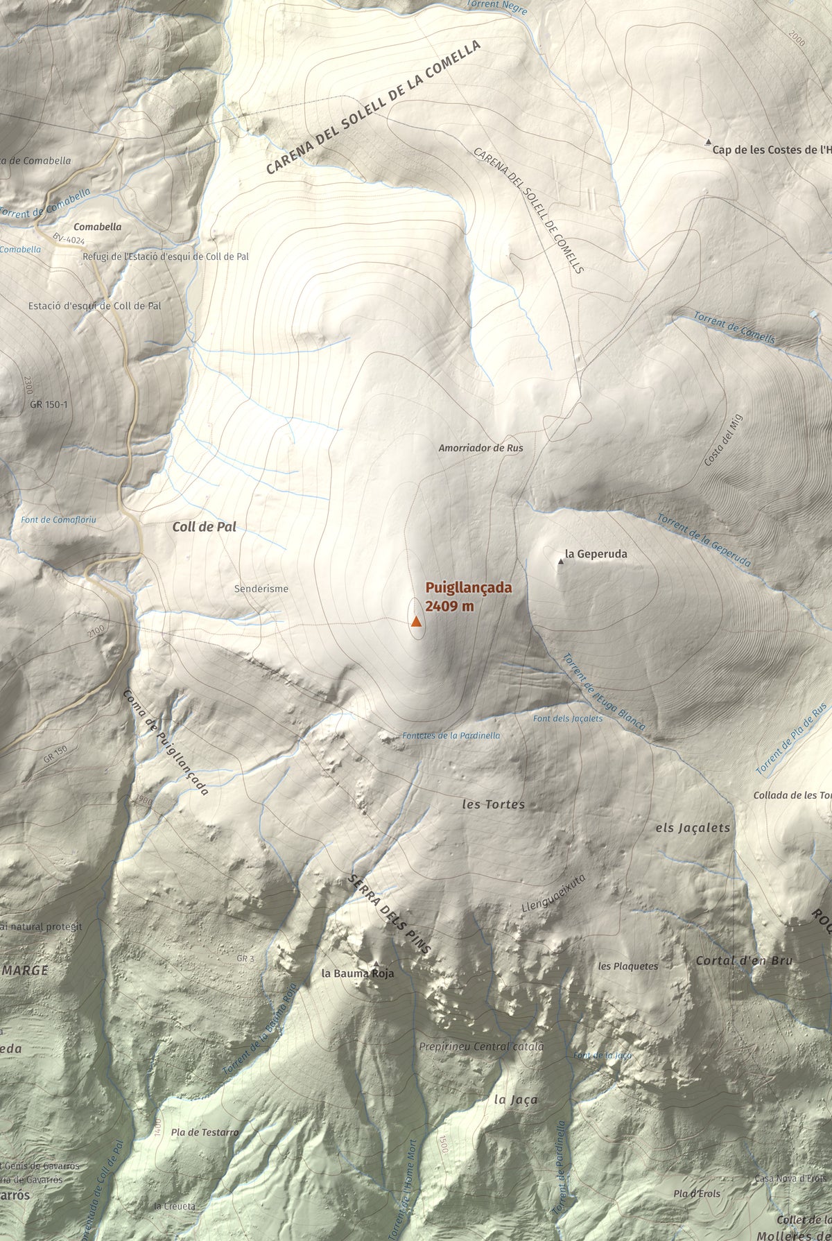 Mapa de relieve de Puigllançada, 2409 m, Berguedà, lámina 100 Cims de Trobart. Detalle de la zona central. 61 × 91 cm.