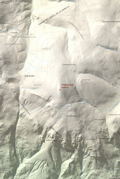 Mapa de relieve de Puigllançada, 2409 m, Berguedà, lámina 100 Cims de Trobart. Detalle de la zona central. 61 × 91 cm.