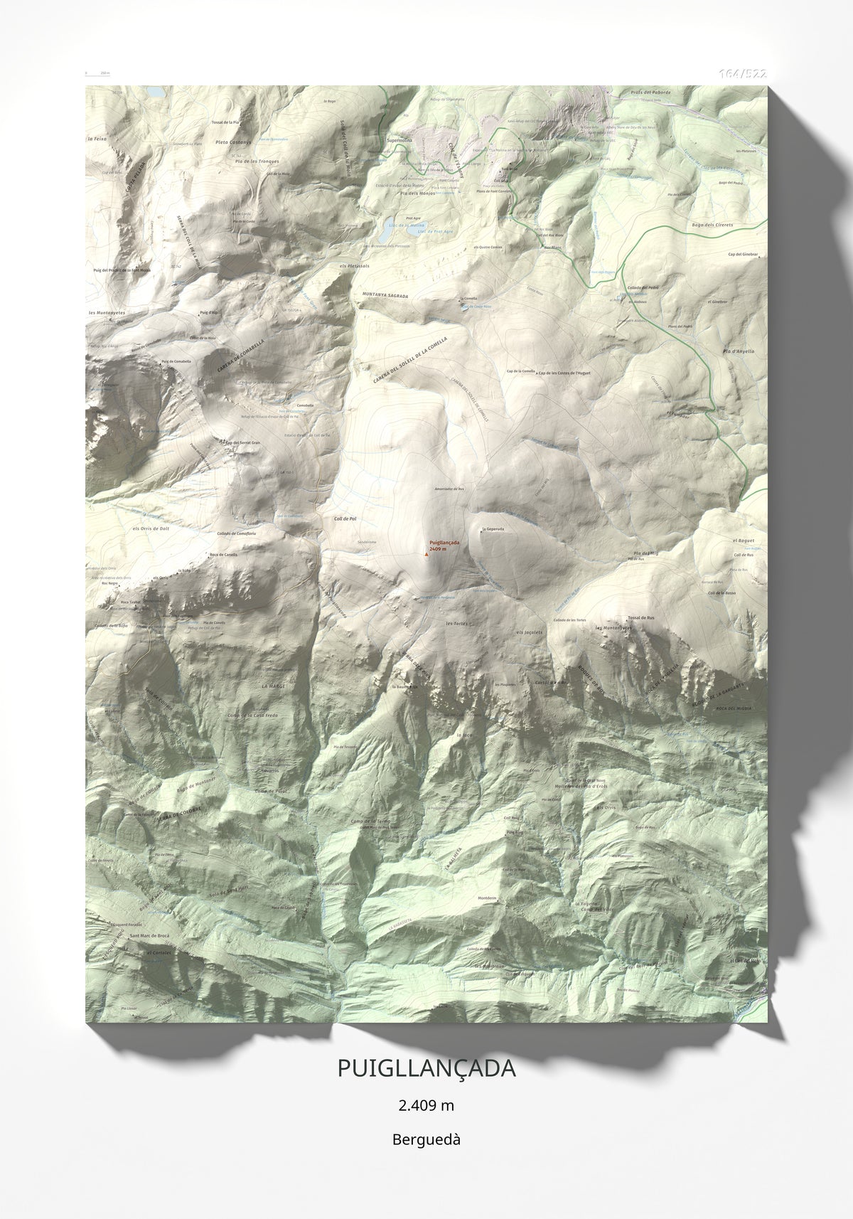 Mapa de relieve de Puigllançada, 2409 m, Berguedà, lámina 100 Cims de Trobart 70 × 100 cm.