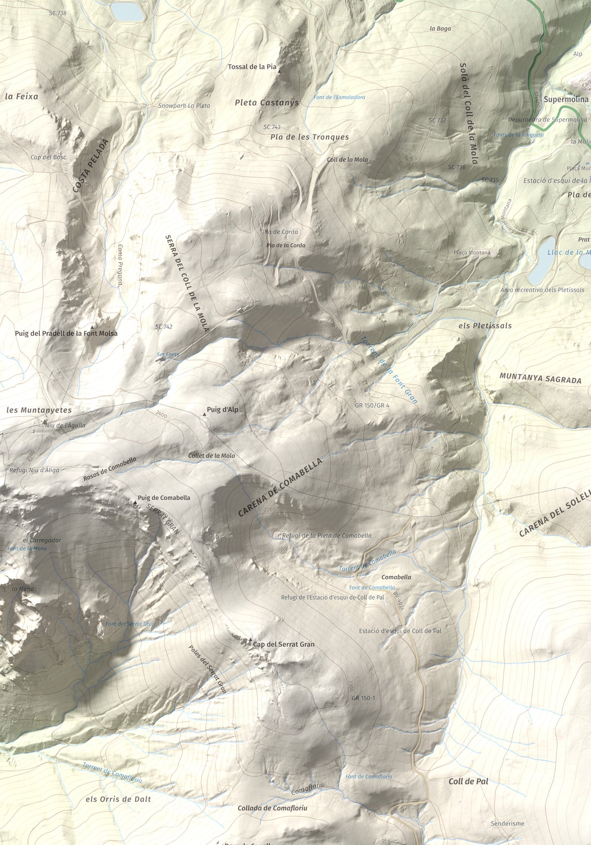 Mapa de relieve de Puigllançada, 2409 m, Berguedà, lámina 100 Cims de Trobart. Detalle de la zona superior izquierda. 70 × 100 cm.