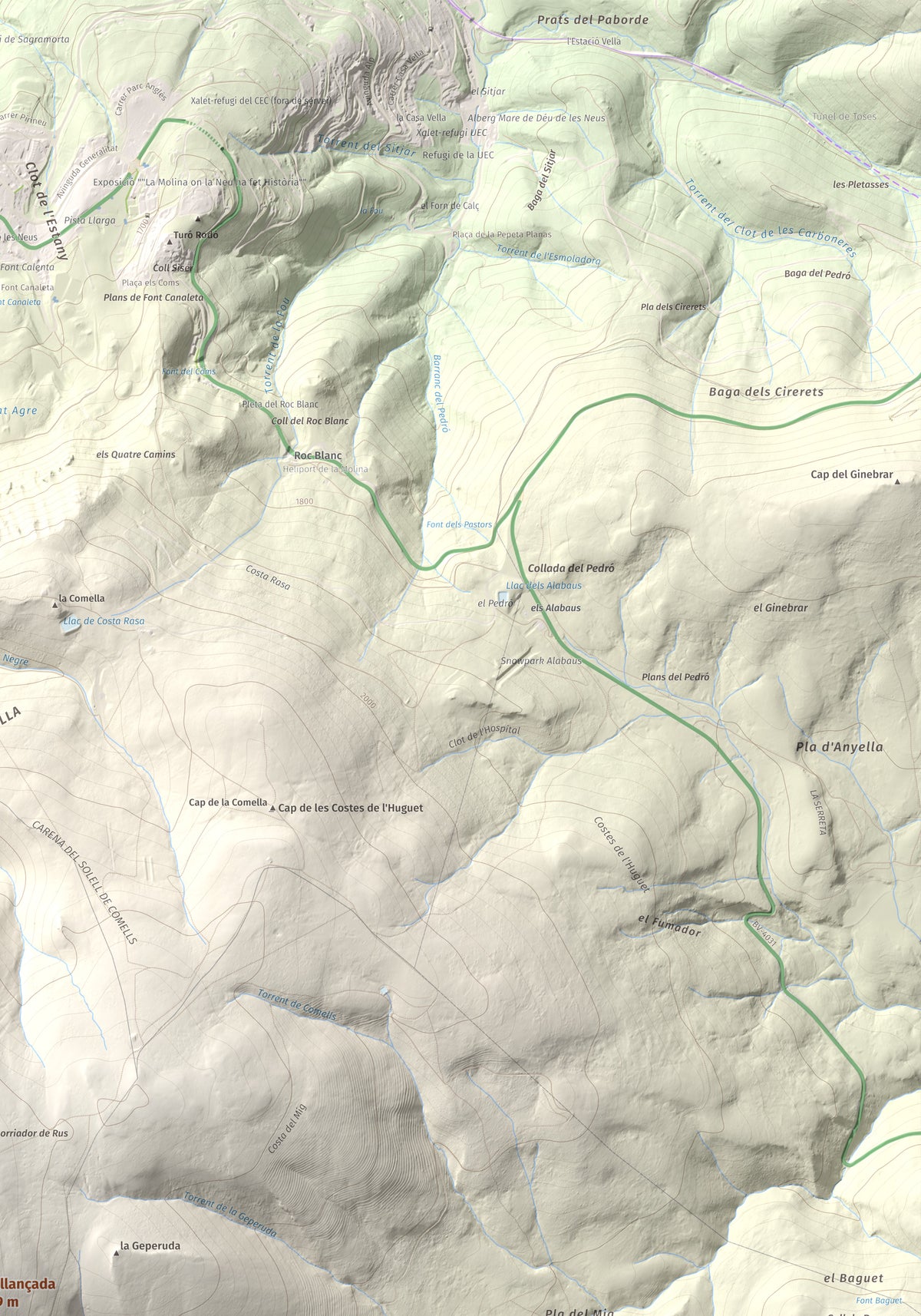 Mapa de relieve de Puigllançada, 2409 m, Berguedà, lámina 100 Cims de Trobart. Detalle de la zona superior derecha. 70 × 100 cm.