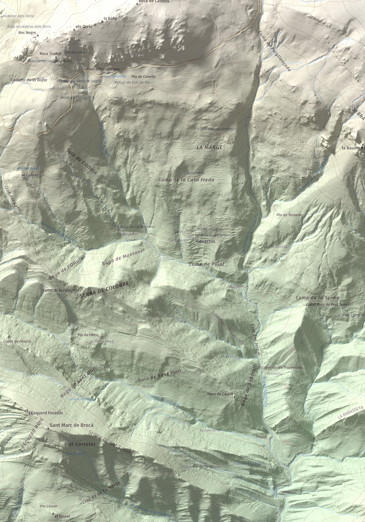 Mapa de relieve de Puigllançada, 2409 m, Berguedà, lámina 100 Cims de Trobart. Detalle de la zona inferior izquierda. 70 × 100 cm.