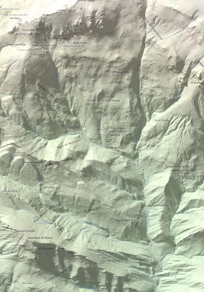 Mapa de relieve de Puigllançada, 2409 m, Berguedà, lámina 100 Cims de Trobart. Detalle de la zona inferior izquierda. 70 × 100 cm.