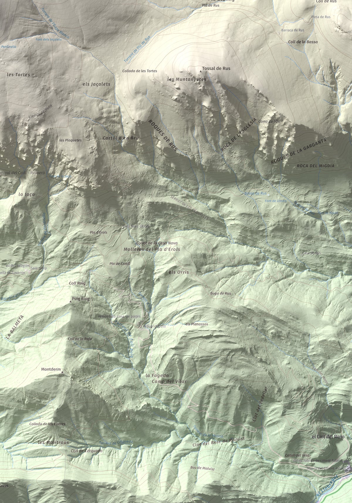 Mapa de relieve de Puigllançada, 2409 m, Berguedà, lámina 100 Cims de Trobart. Detalle de la zona inferior derecha. 70 × 100 cm.