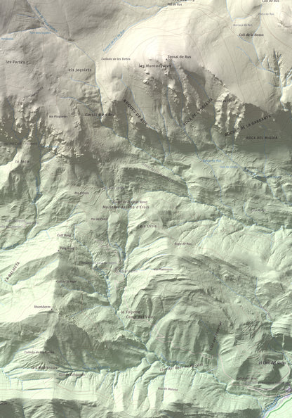 Mapa de relieve de Puigllançada, 2409 m, Berguedà, lámina 100 Cims de Trobart. Detalle de la zona inferior derecha. 70 × 100 cm.