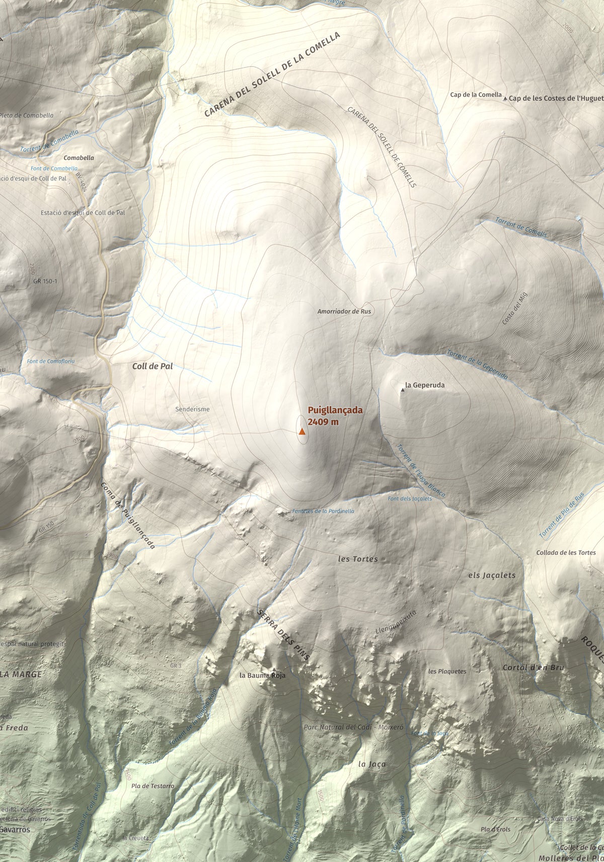 Mapa de relieve de Puigllançada, 2409 m, Berguedà, lámina 100 Cims de Trobart. Detalle de la zona central. 70 × 100 cm.
