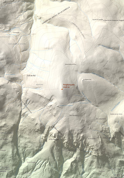 Mapa de relieve de Puigllançada, 2409 m, Berguedà, lámina 100 Cims de Trobart. Detalle de la zona central. 70 × 100 cm.