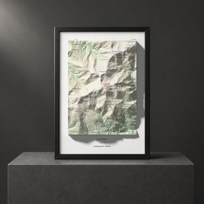 Mapa de relieve de Puigmal, 2910 m, Cerdanya Nord · Ripollès, lámina 100 Cims de Trobart. Presentación enmarcada. 21 × 30 cm.