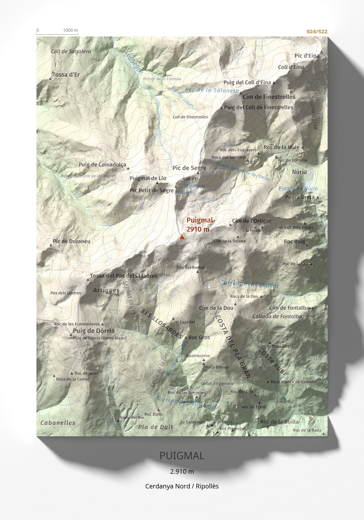 Mapa de relieve de Puigmal, 2910 m, Cerdanya Nord · Ripollès, lámina 100 Cims de Trobart 21 × 30 cm.
