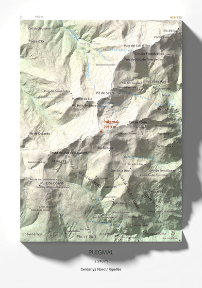 Mapa de relieve de Puigmal, 2910 m, Cerdanya Nord · Ripollès, lámina 100 Cims de Trobart 21 × 30 cm.