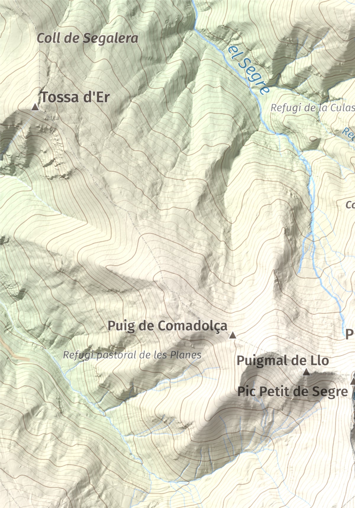 Mapa de relieve de Puigmal, 2910 m, Cerdanya Nord · Ripollès, lámina 100 Cims de Trobart. Detalle de la zona superior izquierda. 21 × 30 cm.