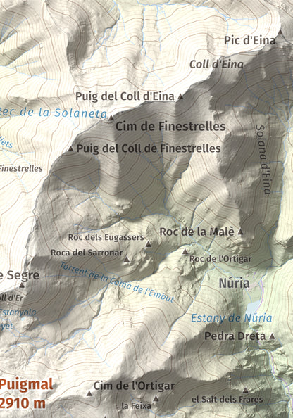 Mapa de relieve de Puigmal, 2910 m, Cerdanya Nord · Ripollès, lámina 100 Cims de Trobart. Detalle de la zona superior derecha. 21 × 30 cm.
