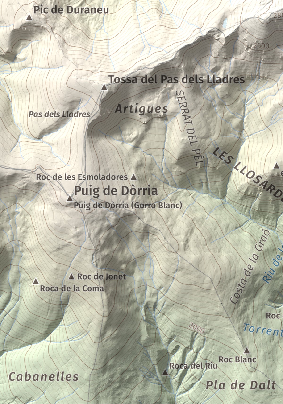 Mapa de relieve de Puigmal, 2910 m, Cerdanya Nord · Ripollès, lámina 100 Cims de Trobart. Detalle de la zona inferior izquierda. 21 × 30 cm.