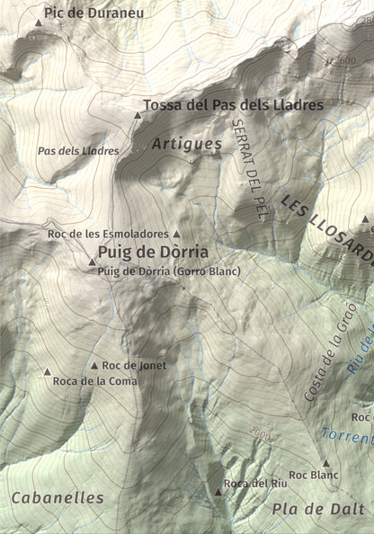 Mapa de relieve de Puigmal, 2910 m, Cerdanya Nord · Ripollès, lámina 100 Cims de Trobart. Detalle de la zona inferior izquierda. 21 × 30 cm.