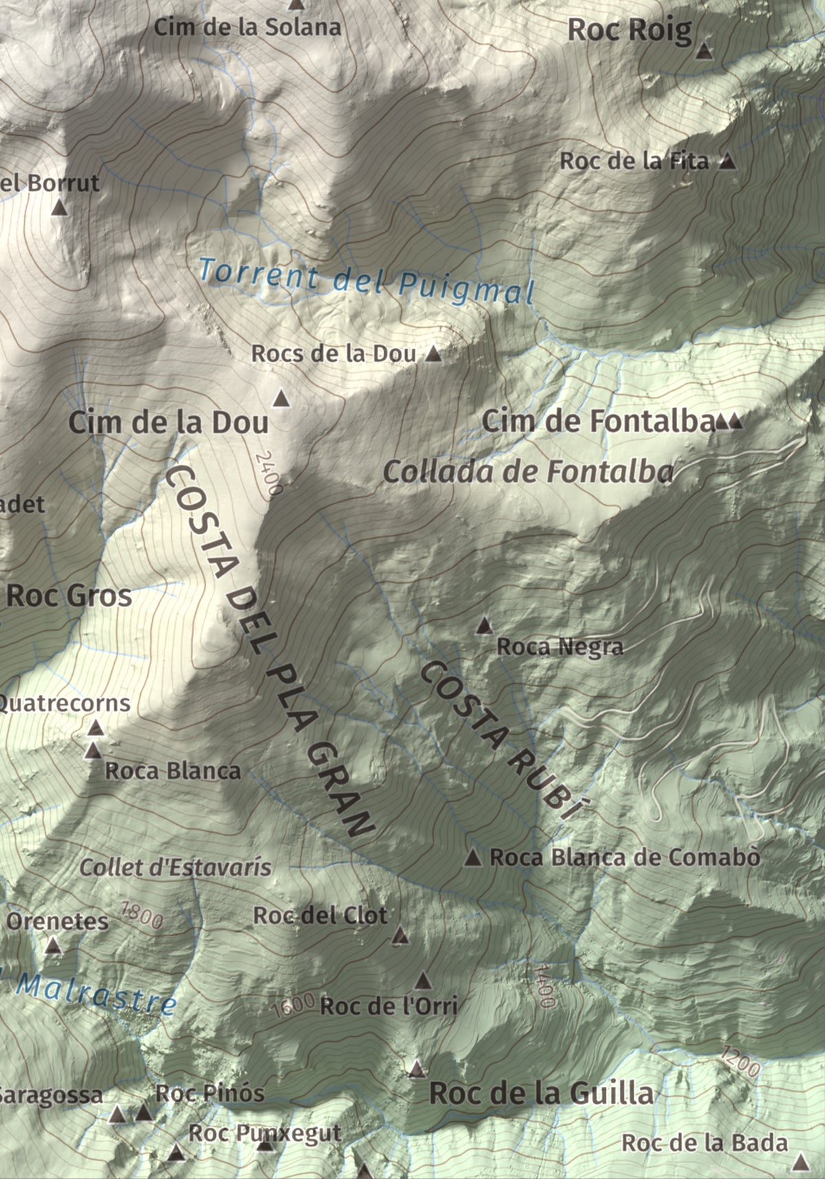 Mapa de relieve de Puigmal, 2910 m, Cerdanya Nord · Ripollès, lámina 100 Cims de Trobart. Detalle de la zona inferior derecha. 21 × 30 cm.