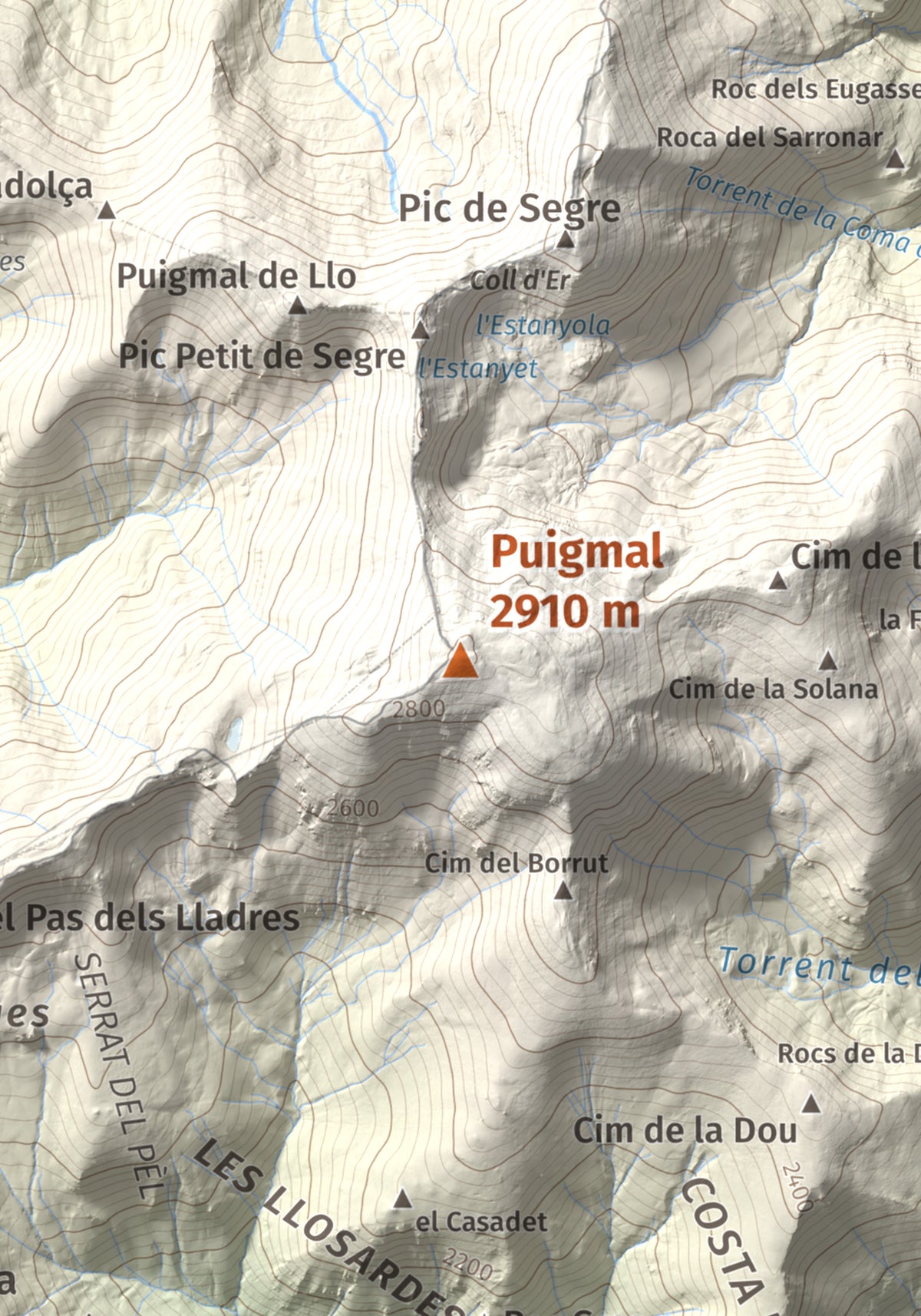 Mapa de relieve de Puigmal, 2910 m, Cerdanya Nord · Ripollès, lámina 100 Cims de Trobart. Detalle de la zona central. 21 × 30 cm.