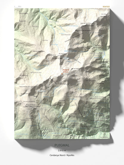 Mapa de relieve de Puigmal, 2910 m, Cerdanya Nord · Ripollès, lámina 100 Cims de Trobart 30 × 40 cm.