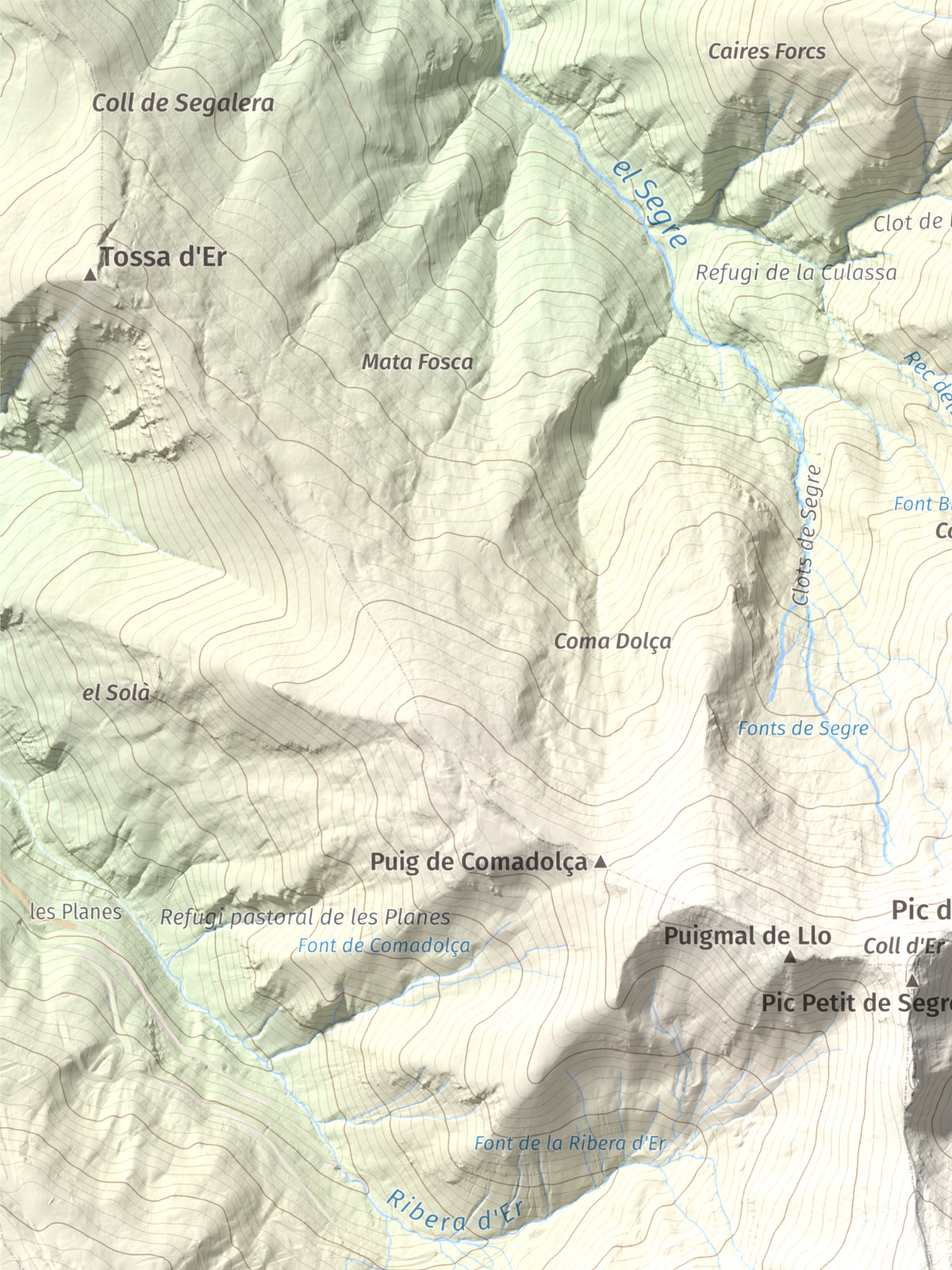 Mapa de relieve de Puigmal, 2910 m, Cerdanya Nord · Ripollès, lámina 100 Cims de Trobart. Detalle de la zona superior izquierda. 30 × 40 cm.