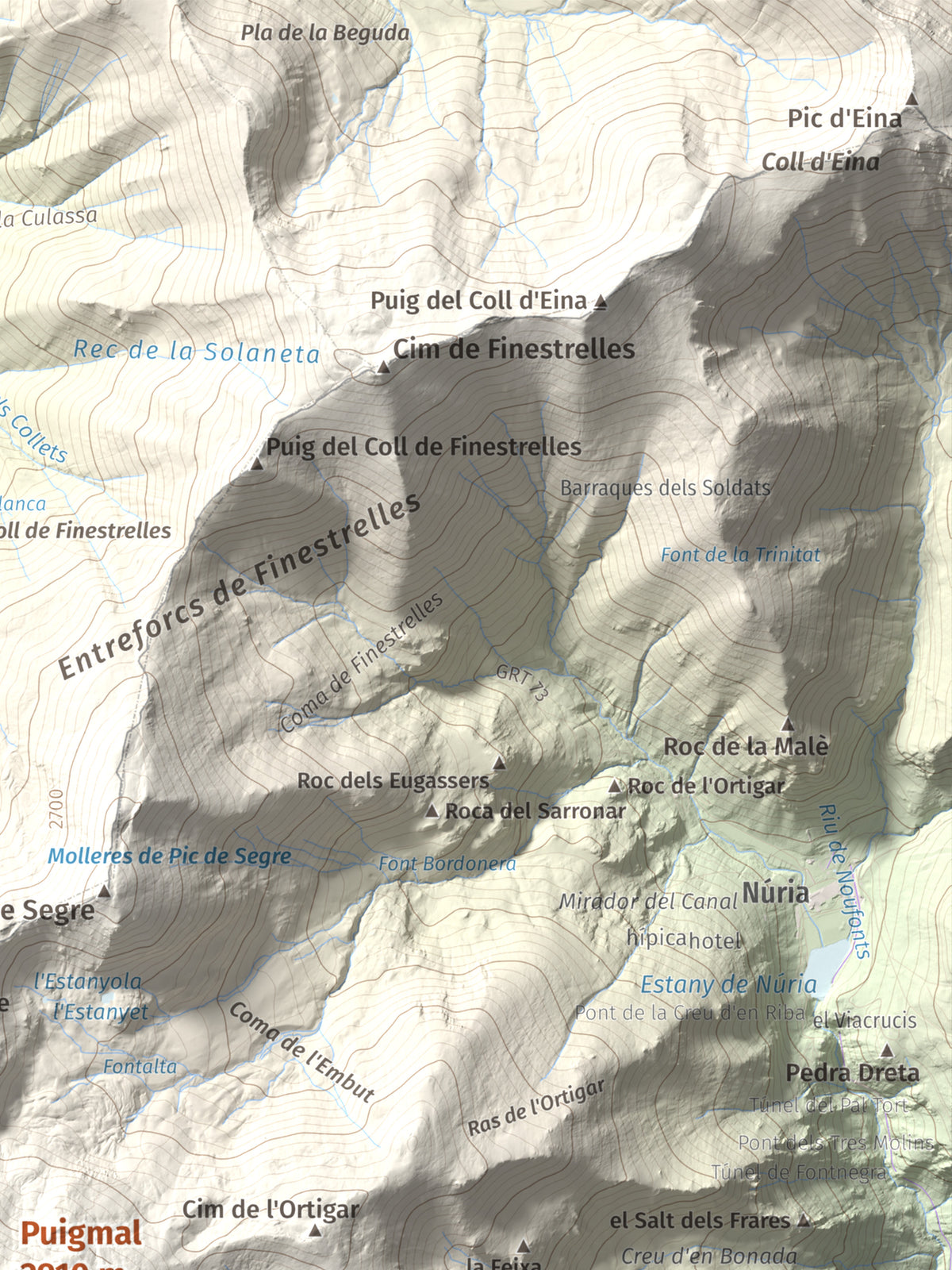 Mapa de relieve de Puigmal, 2910 m, Cerdanya Nord · Ripollès, lámina 100 Cims de Trobart. Detalle de la zona superior derecha. 30 × 40 cm.