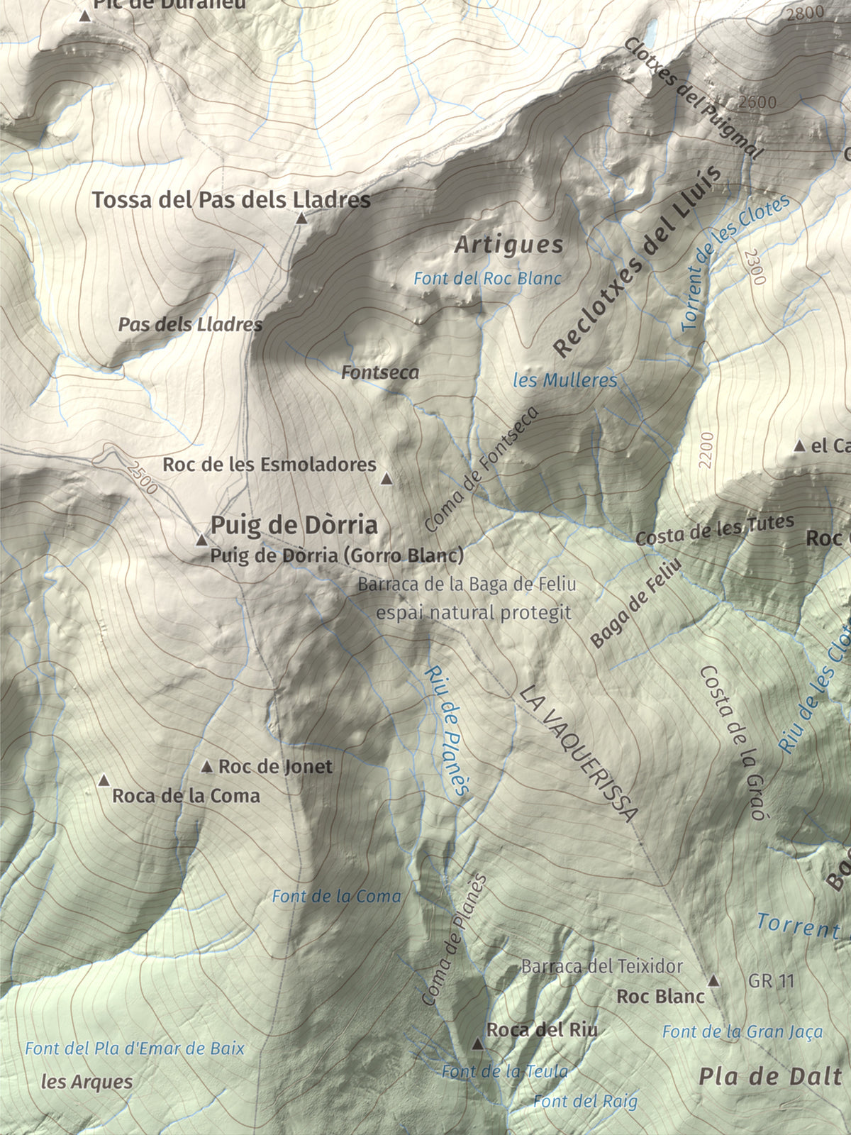 Mapa de relieve de Puigmal, 2910 m, Cerdanya Nord · Ripollès, lámina 100 Cims de Trobart. Detalle de la zona inferior izquierda. 30 × 40 cm.