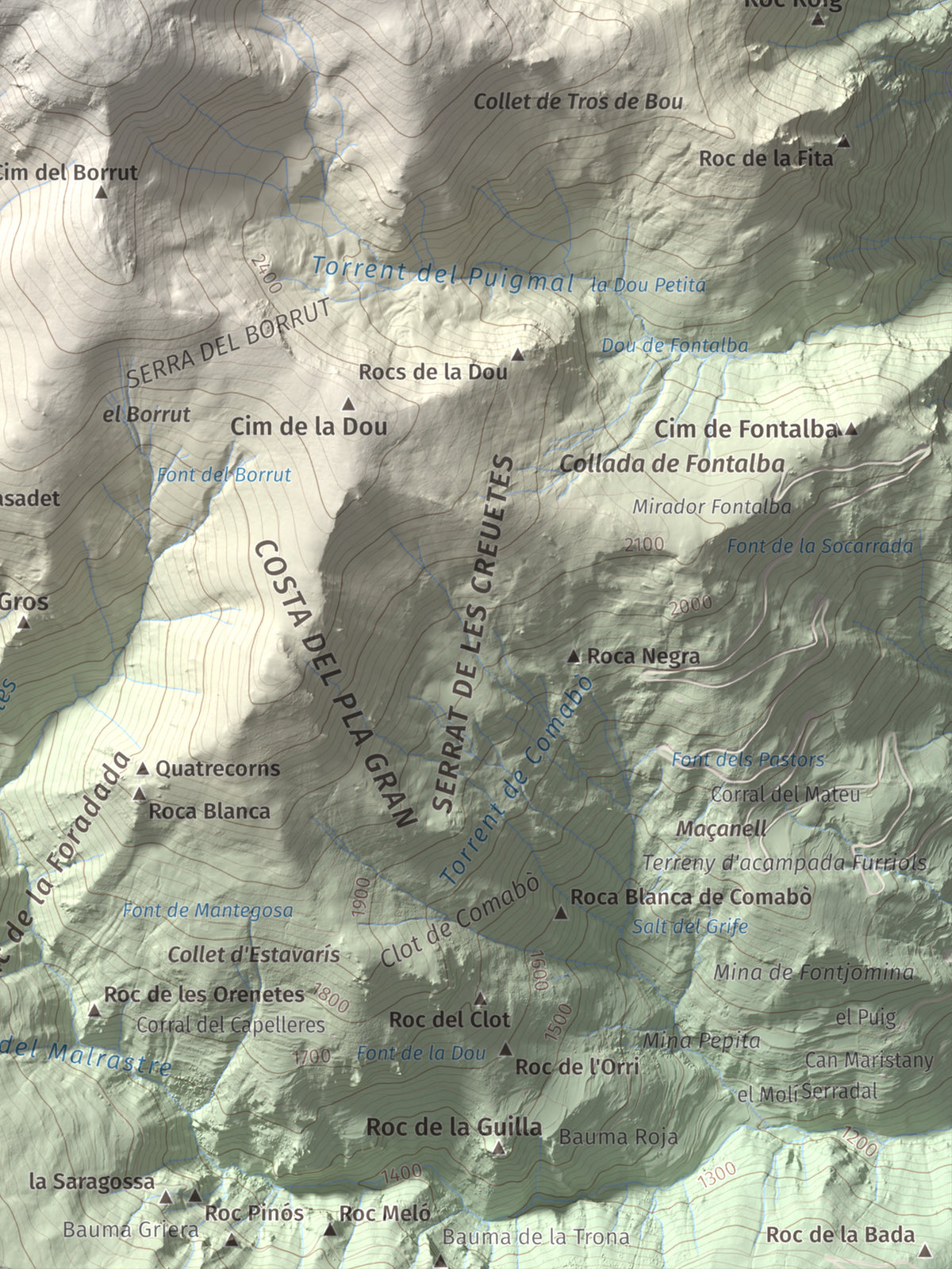 Mapa de relieve de Puigmal, 2910 m, Cerdanya Nord · Ripollès, lámina 100 Cims de Trobart. Detalle de la zona inferior derecha. 30 × 40 cm.