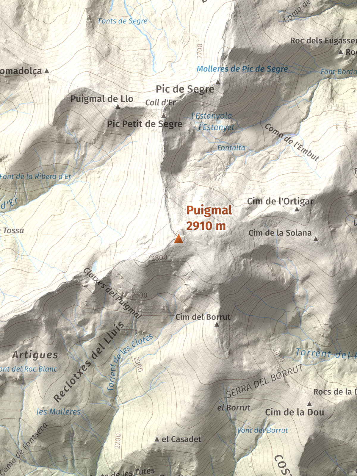 Mapa de relieve de Puigmal, 2910 m, Cerdanya Nord · Ripollès, lámina 100 Cims de Trobart. Detalle de la zona central. 30 × 40 cm.