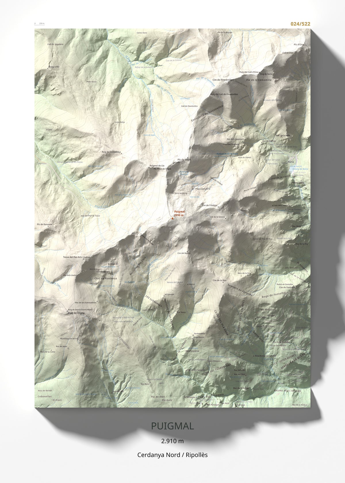 Mapa de relieve de Puigmal, 2910 m, Cerdanya Nord · Ripollès, lámina 100 Cims de Trobart 50 × 70 cm.
