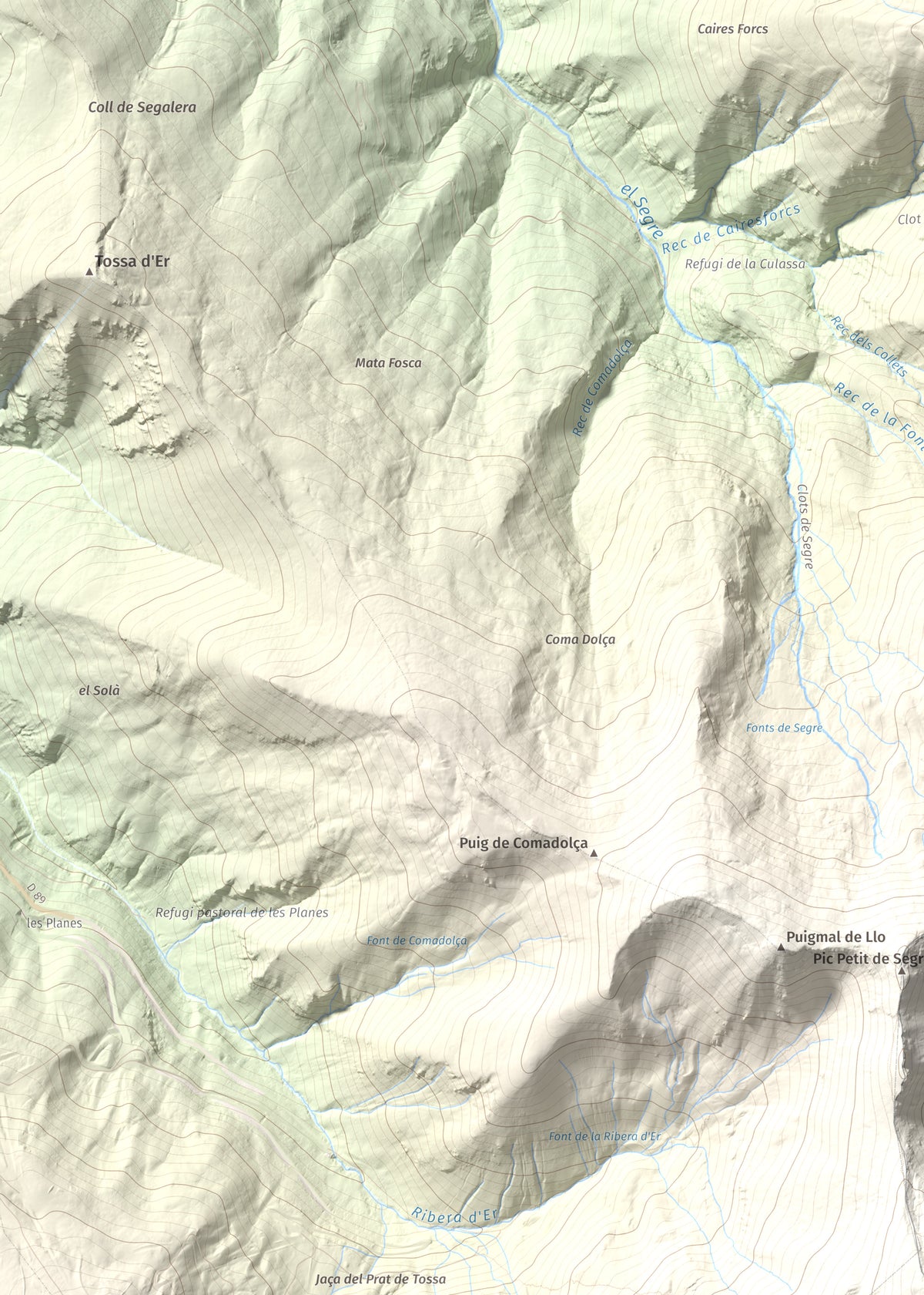 Mapa de relieve de Puigmal, 2910 m, Cerdanya Nord · Ripollès, lámina 100 Cims de Trobart. Detalle de la zona superior izquierda. 50 × 70 cm.