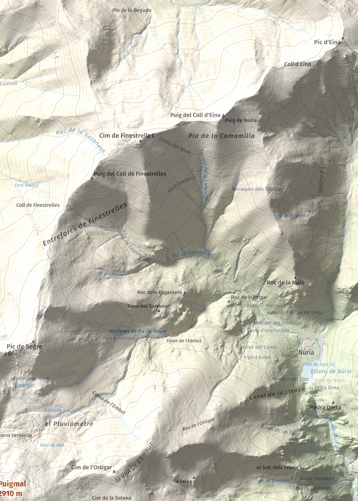 Mapa de relieve de Puigmal, 2910 m, Cerdanya Nord · Ripollès, lámina 100 Cims de Trobart. Detalle de la zona superior derecha. 50 × 70 cm.