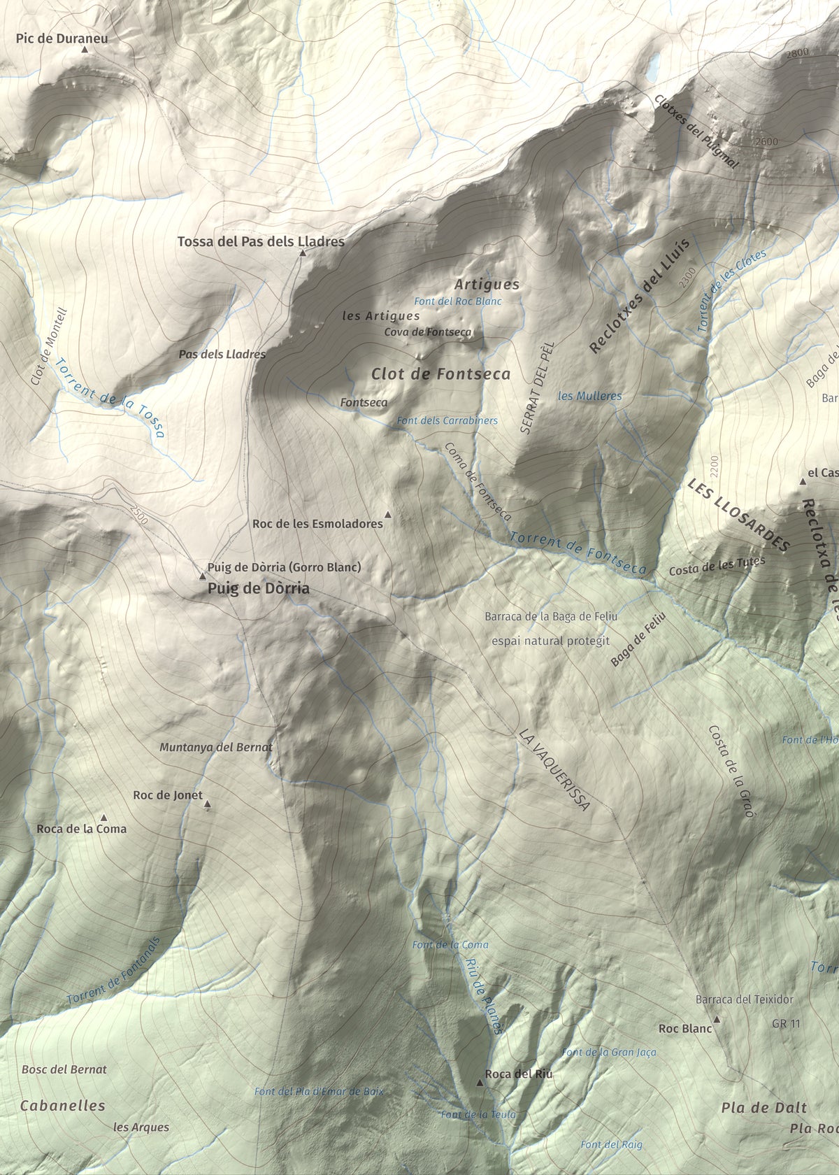 Mapa de relieve de Puigmal, 2910 m, Cerdanya Nord · Ripollès, lámina 100 Cims de Trobart. Detalle de la zona inferior izquierda. 50 × 70 cm.