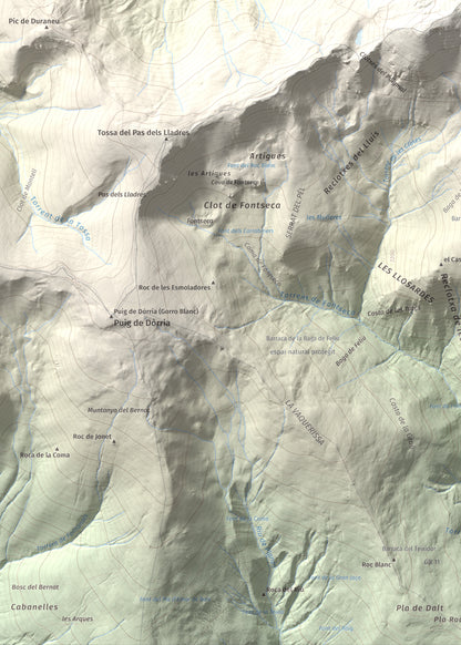 Mapa de relieve de Puigmal, 2910 m, Cerdanya Nord · Ripollès, lámina 100 Cims de Trobart. Detalle de la zona inferior izquierda. 50 × 70 cm.