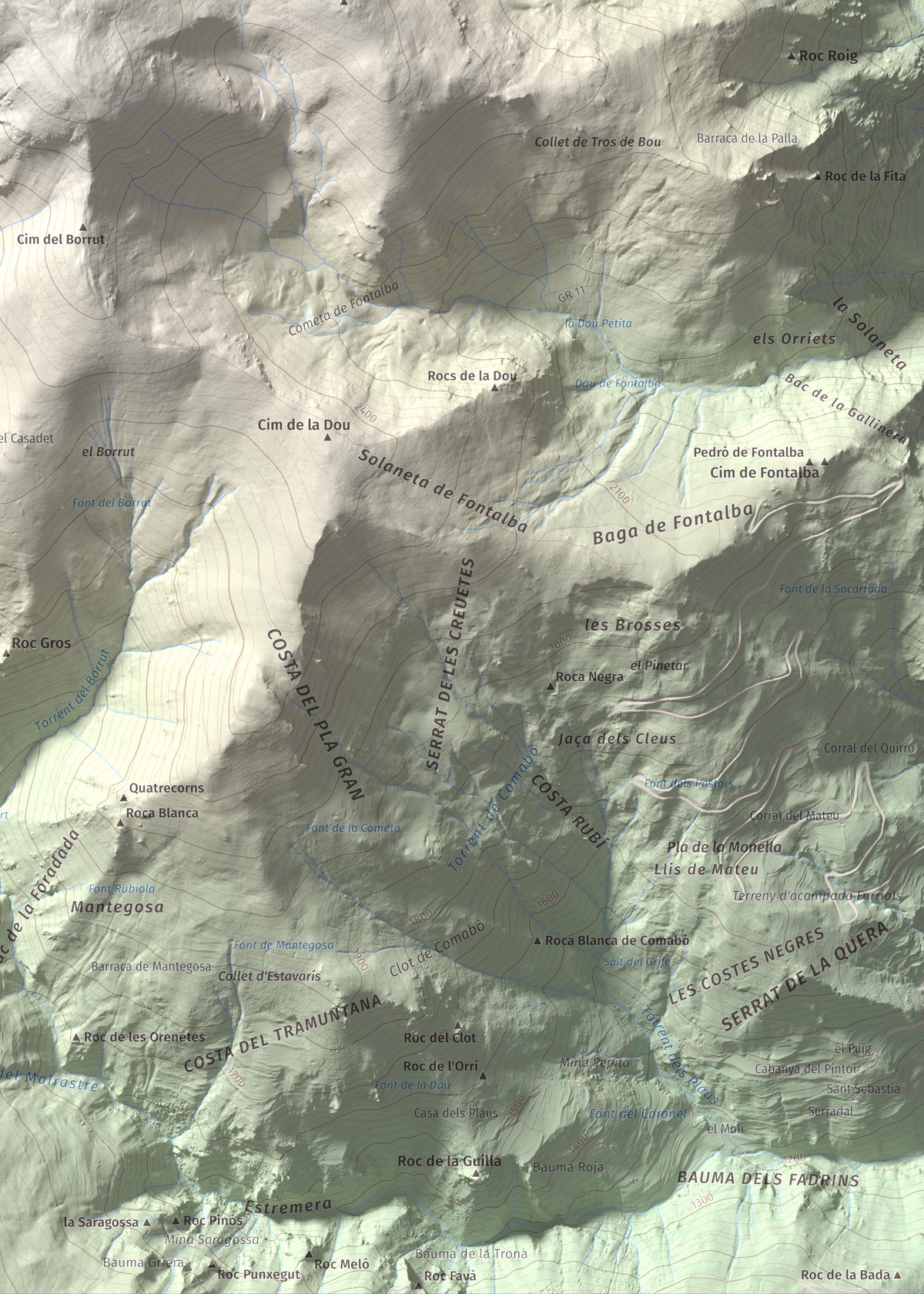 Mapa de relieve de Puigmal, 2910 m, Cerdanya Nord · Ripollès, lámina 100 Cims de Trobart. Detalle de la zona inferior derecha. 50 × 70 cm.