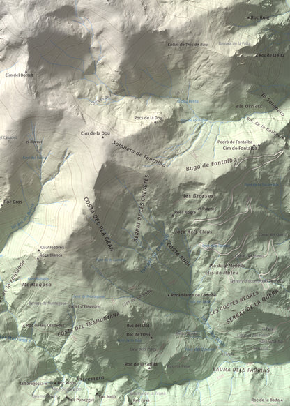 Mapa de relieve de Puigmal, 2910 m, Cerdanya Nord · Ripollès, lámina 100 Cims de Trobart. Detalle de la zona inferior derecha. 50 × 70 cm.
