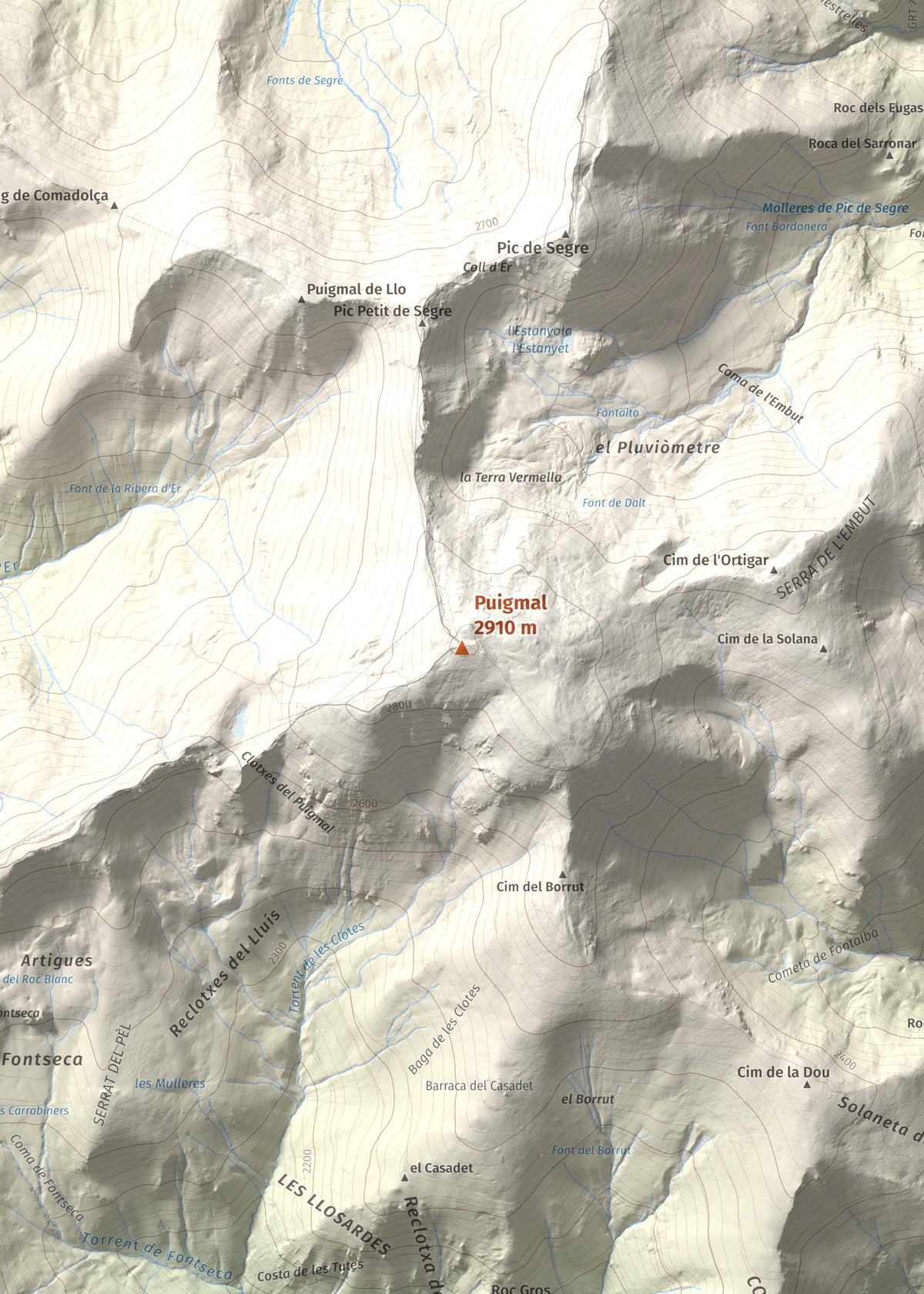 Mapa de relieve de Puigmal, 2910 m, Cerdanya Nord · Ripollès, lámina 100 Cims de Trobart. Detalle de la zona central. 50 × 70 cm.