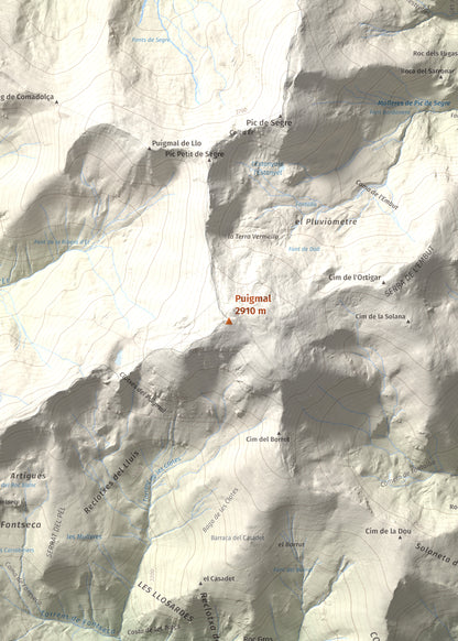 Mapa de relieve de Puigmal, 2910 m, Cerdanya Nord · Ripollès, lámina 100 Cims de Trobart. Detalle de la zona central. 50 × 70 cm.