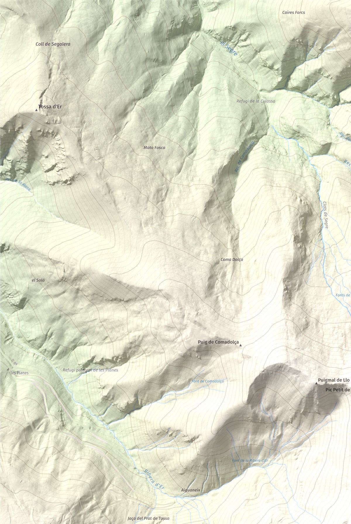 Mapa de relieve de Puigmal, 2910 m, Cerdanya Nord · Ripollès, lámina 100 Cims de Trobart. Detalle de la zona superior izquierda. 61 × 91 cm.