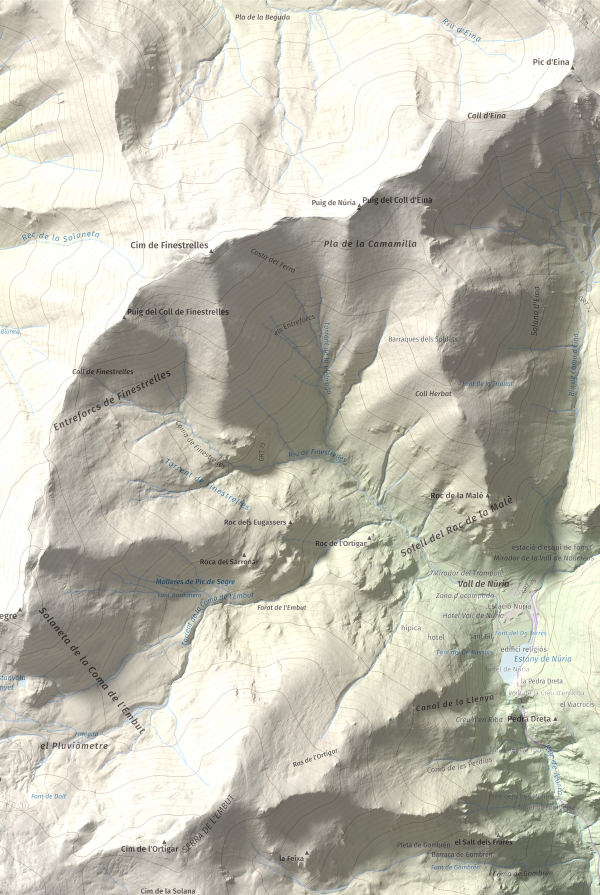 Mapa de relieve de Puigmal, 2910 m, Cerdanya Nord · Ripollès, lámina 100 Cims de Trobart. Detalle de la zona superior derecha. 61 × 91 cm.