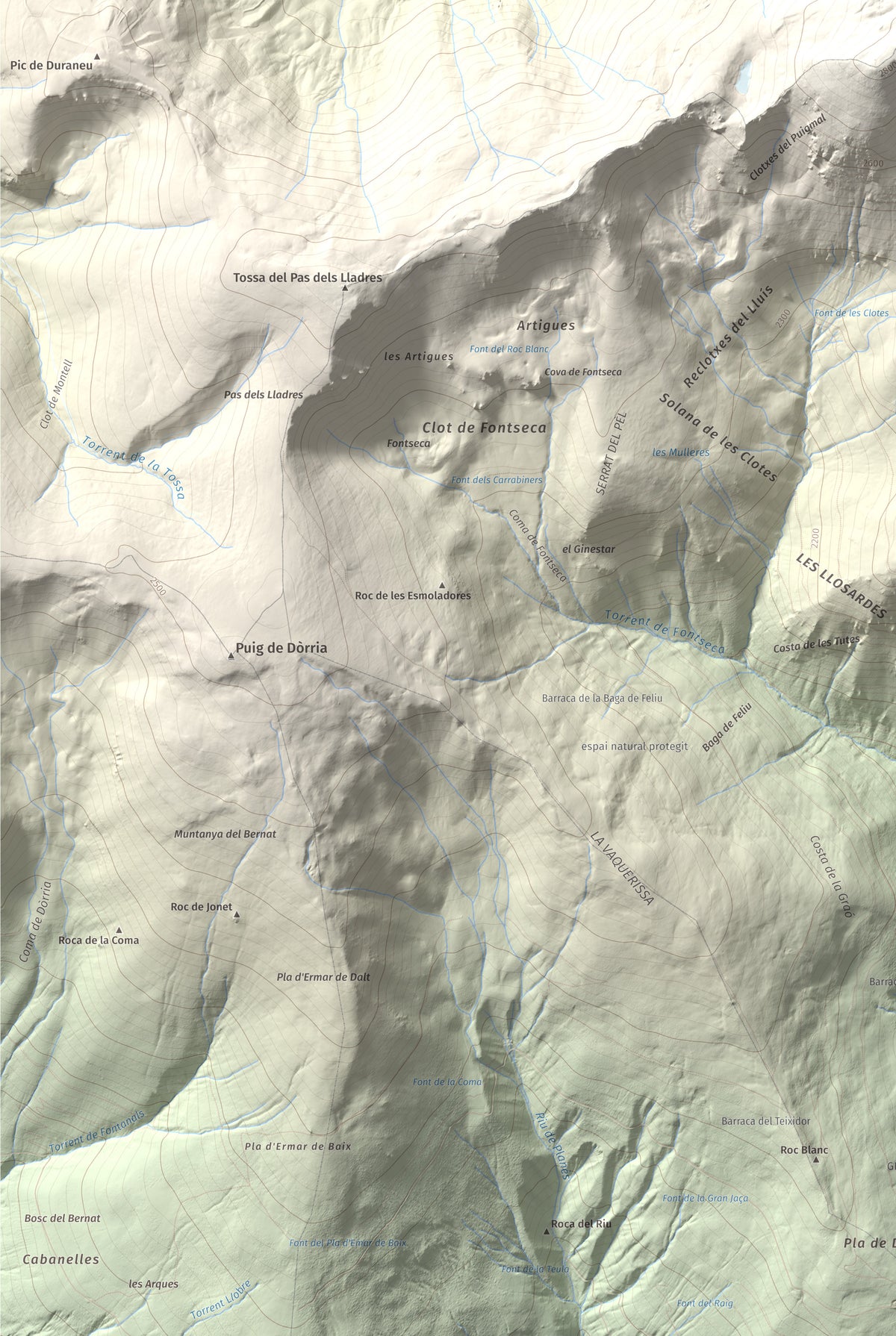 Mapa de relieve de Puigmal, 2910 m, Cerdanya Nord · Ripollès, lámina 100 Cims de Trobart. Detalle de la zona inferior izquierda. 61 × 91 cm.