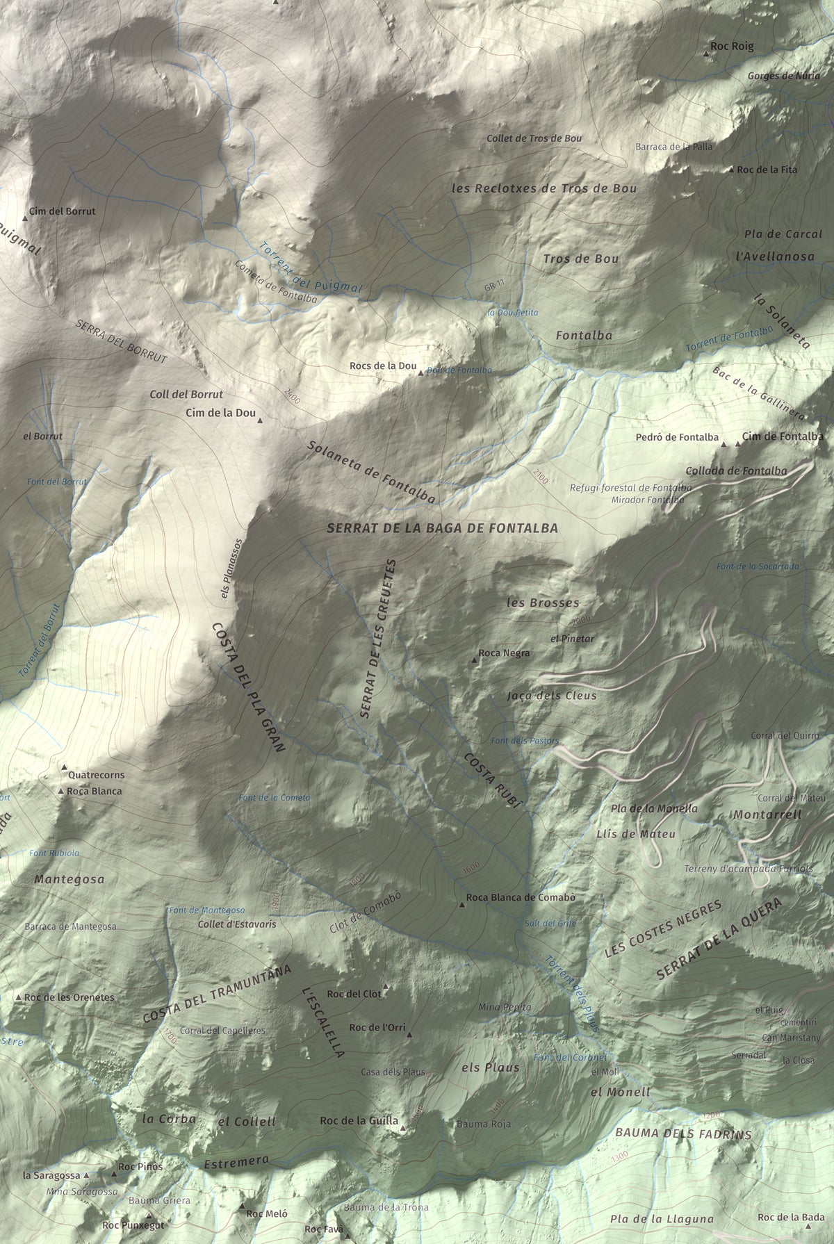 Mapa de relieve de Puigmal, 2910 m, Cerdanya Nord · Ripollès, lámina 100 Cims de Trobart. Detalle de la zona inferior derecha. 61 × 91 cm.