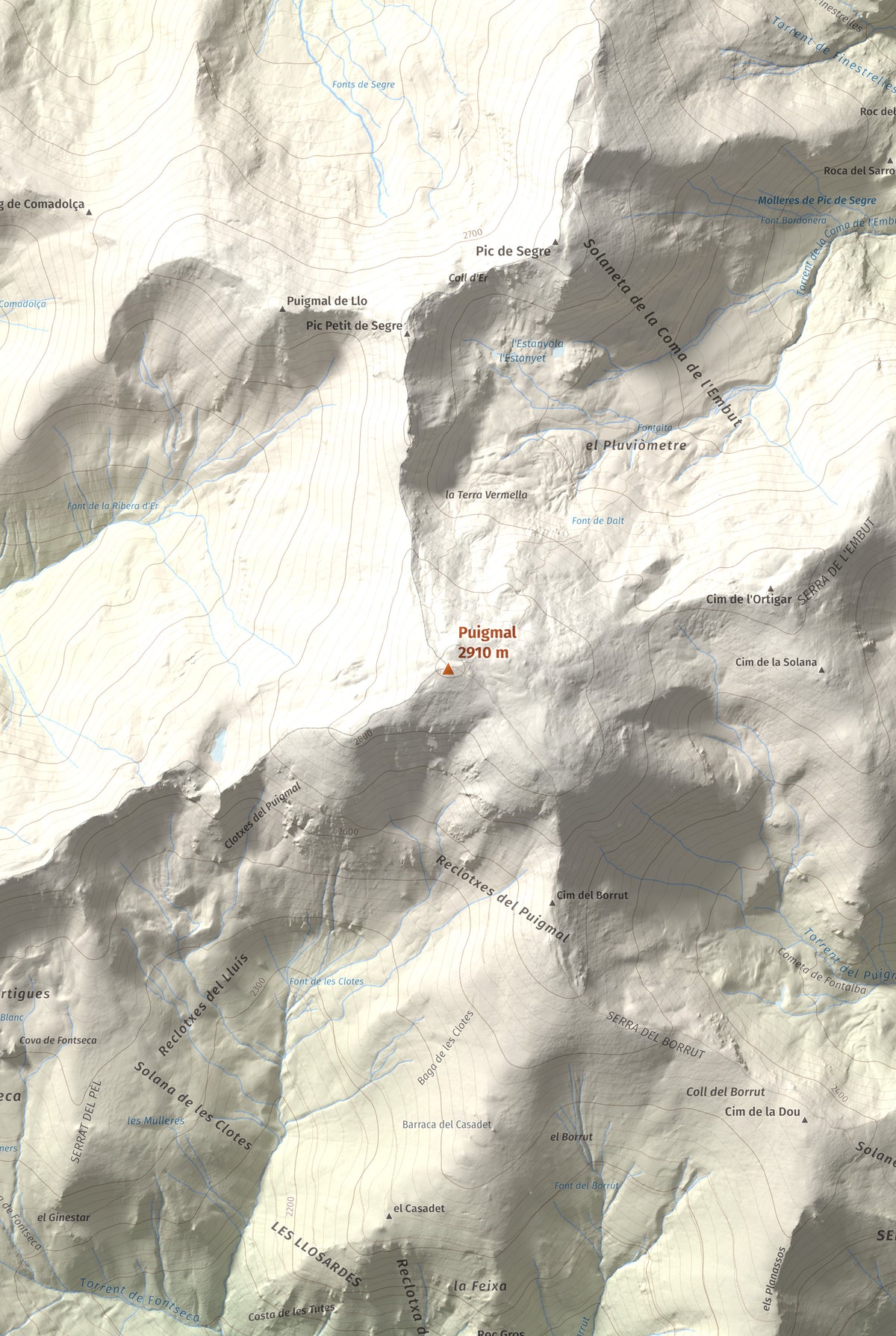 Mapa de relieve de Puigmal, 2910 m, Cerdanya Nord · Ripollès, lámina 100 Cims de Trobart. Detalle de la zona central. 61 × 91 cm.