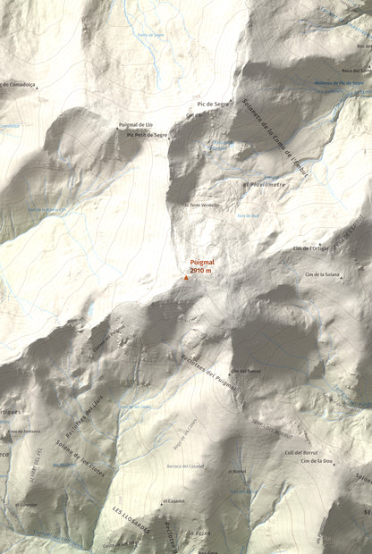Mapa de relieve de Puigmal, 2910 m, Cerdanya Nord · Ripollès, lámina 100 Cims de Trobart. Detalle de la zona central. 61 × 91 cm.