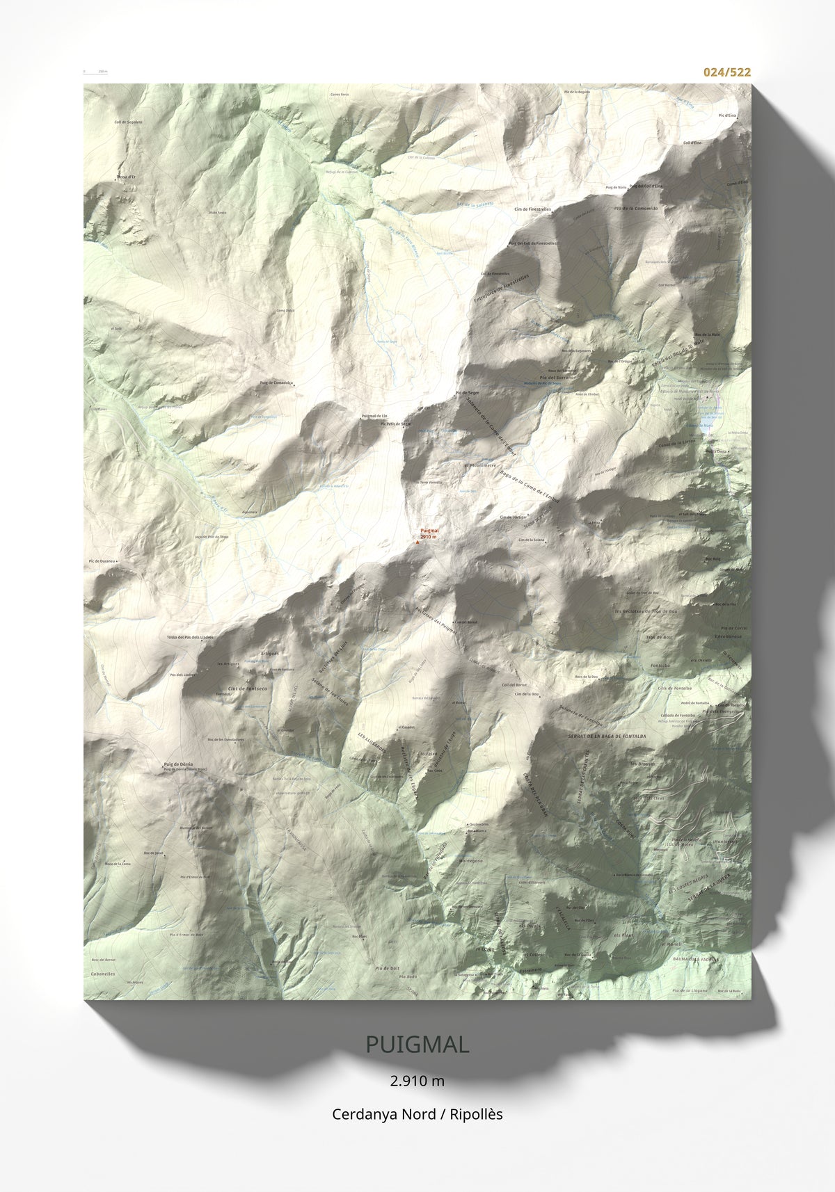 Mapa de relieve de Puigmal, 2910 m, Cerdanya Nord · Ripollès, lámina 100 Cims de Trobart 70 × 100 cm.