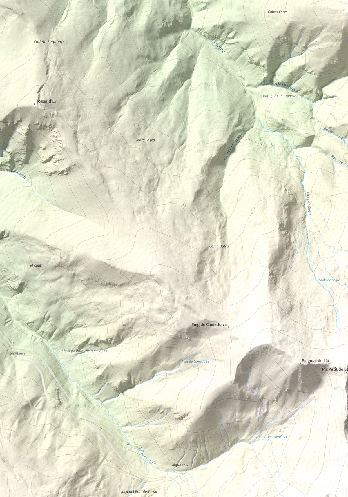 Mapa de relieve de Puigmal, 2910 m, Cerdanya Nord · Ripollès, lámina 100 Cims de Trobart. Detalle de la zona superior izquierda. 70 × 100 cm.