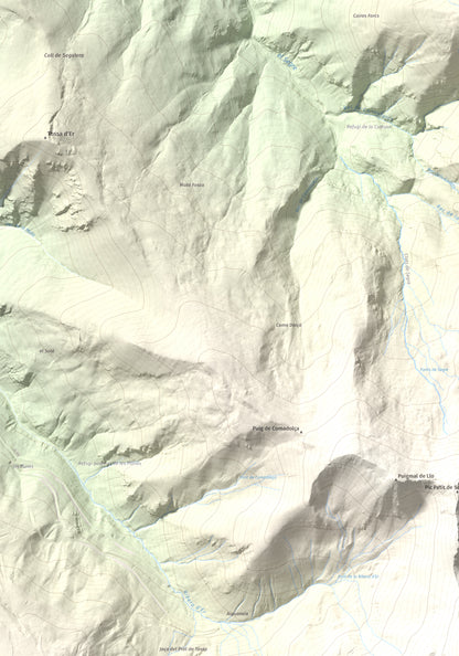 Mapa de relieve de Puigmal, 2910 m, Cerdanya Nord · Ripollès, lámina 100 Cims de Trobart. Detalle de la zona superior izquierda. 70 × 100 cm.