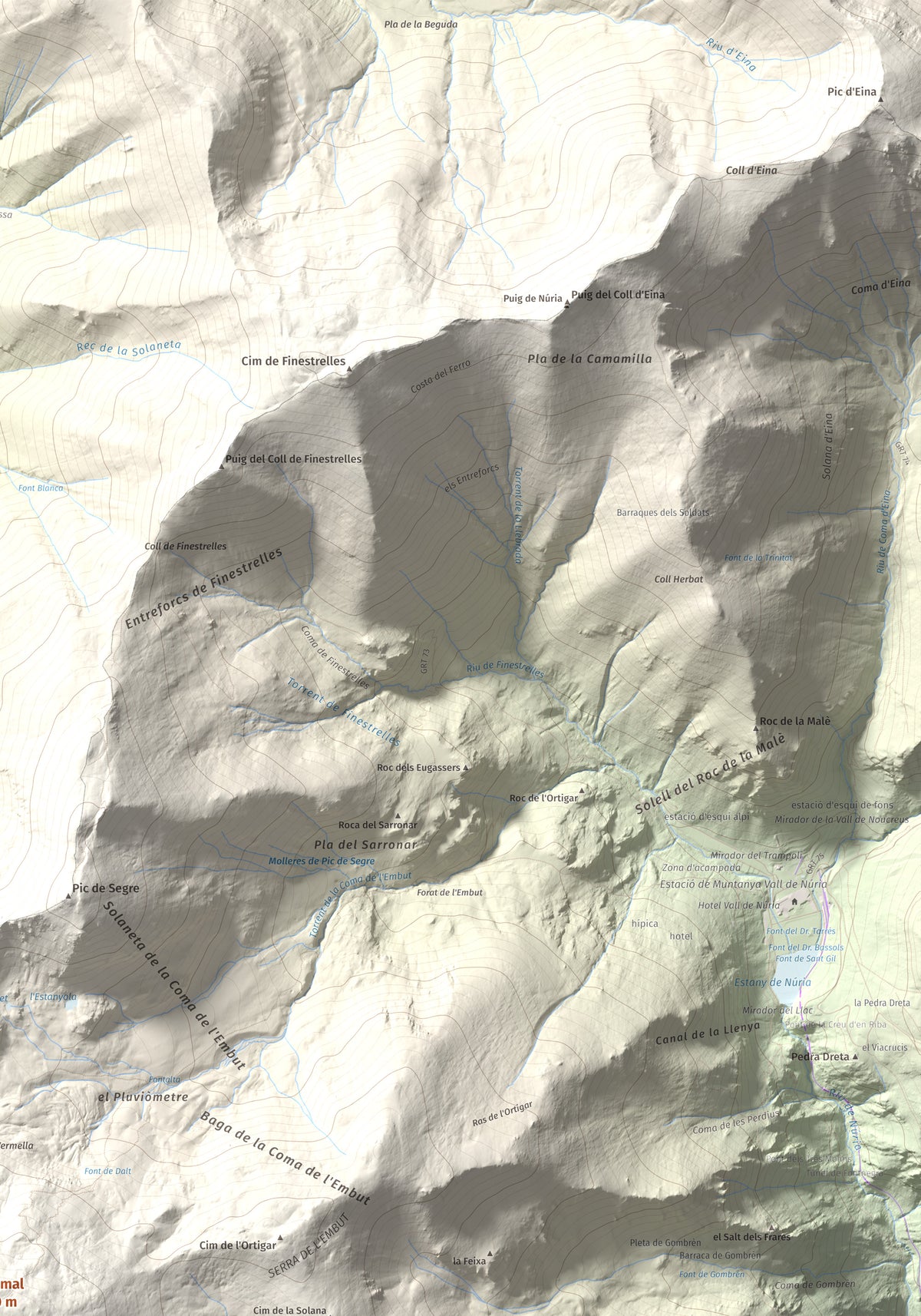 Mapa de relieve de Puigmal, 2910 m, Cerdanya Nord · Ripollès, lámina 100 Cims de Trobart. Detalle de la zona superior derecha. 70 × 100 cm.