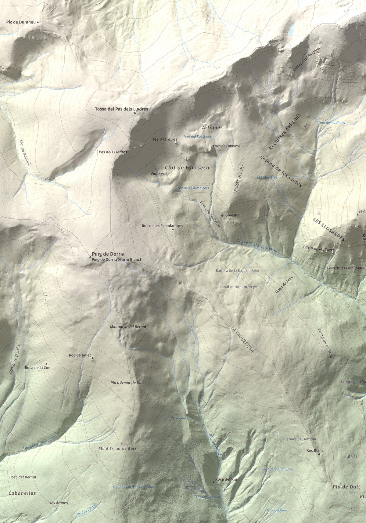Mapa de relieve de Puigmal, 2910 m, Cerdanya Nord · Ripollès, lámina 100 Cims de Trobart. Detalle de la zona inferior izquierda. 70 × 100 cm.