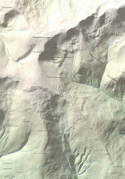 Mapa de relieve de Puigmal, 2910 m, Cerdanya Nord · Ripollès, lámina 100 Cims de Trobart. Detalle de la zona inferior izquierda. 70 × 100 cm.